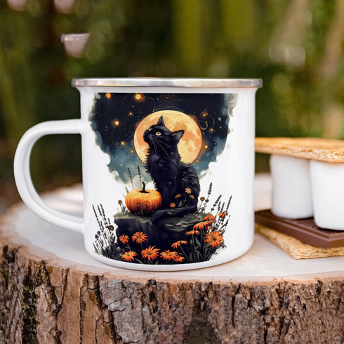 Mystical Black Cat Full Moon Enamel Camp Mug, Fall Halloween Spooky Nature Outdoor Camping Campfire Coffee Cup, Witchy Celestial Autumn Aesthetic ...