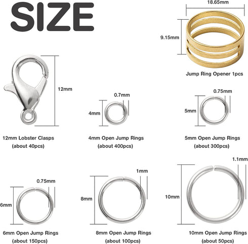 Jump Rings Kit With1000PCS Open Jump Rings 40PCS 12mm Lobster Clasps and Jump Rings Opener for Jewelry Making Keychains and Necklace Repair (Slive...