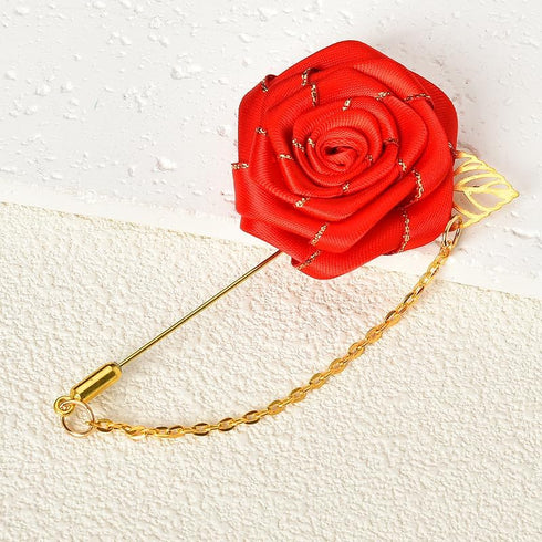 Rose Brooch Pin Cloth Rose Flower with Gold Leaf Brooch Suit Lapel Pins for Men Tassel Chain Brooch Rose Flower Pin Brooches for Men Suits Bridegr...