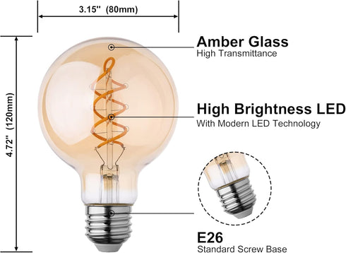 6 Pack LED Edison Bulbs, Dimmable G25 LED Bulb, 2200K Warm White, E26 Base, 4W(40W Equivalent), 320LM, Amber Glass, Patented Flexible LED Spiral F...