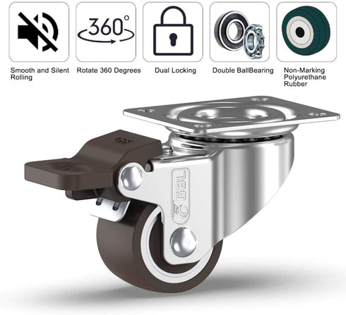 GBL 1" inch Small Caster Wheels with 4 Brakes + Screws - 90Lbs - Low Profile Castor Wheels with Brakes - Set of 4 No Floor Marks Silent Casters - ...