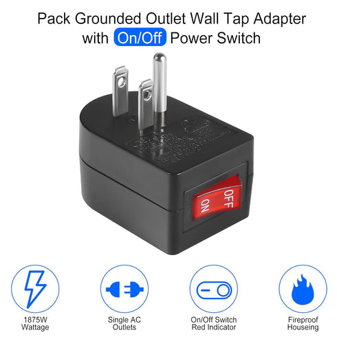 Grounded Outlet with ON Off Switch (2 Pack), Single Power Adapter Outlet Switch 15A 1875W/3 Prong Plug Switch in Black, ETL Listed...