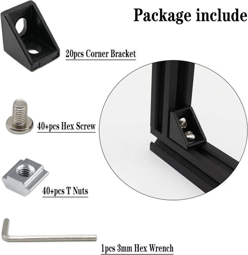 20pcs Black 2020 Series 1720 Aluminum Profile Corner Bracket with 40pcs M5 T Nuts +40pcs M5 Screws + 1pcs Wrench for Slot 6mm 20S Aluminum Rail Ac...