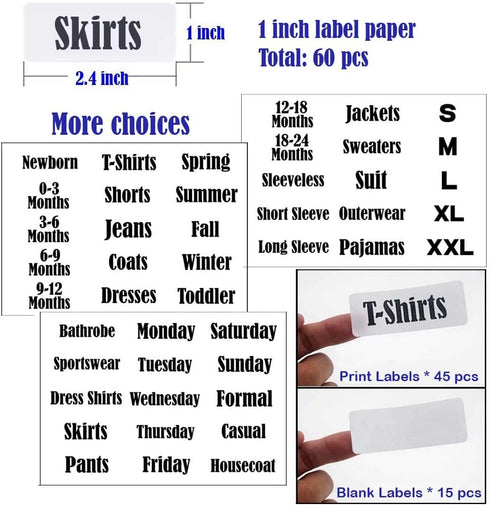 10 Pack White Clothing Rack Size Dividers Plus 60 Labels (1 Inch) and 16 Large Blank Labels, Large Rectangular Clothing Closet dividers (Pearl Whi...
