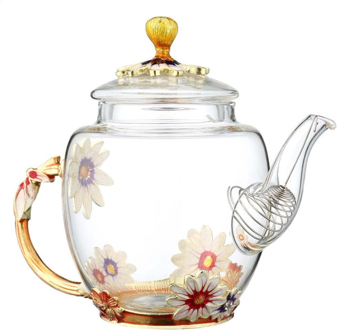 Teabloom Teapot Glass Blooming Tea Teapot for Women Blue Rose Floral Glass Teabloom Teapot with Gold for Mom Friend Christmas Birthday Anniversary...