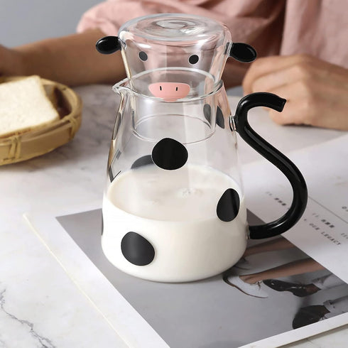1 Set Glass Carafe Pitcher with Glass Mug Cute Cow Glass Tea Pitcher Kettle Milk Jug Night Water Carafe for Midnight Drink Home Office Hotel 550ml...