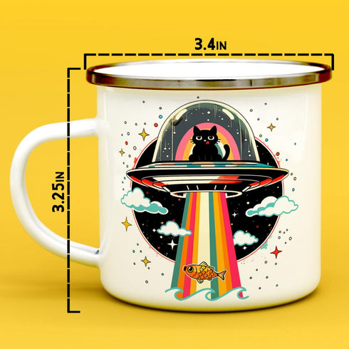 Retro UFO Cat Fish Abduction Extraterrestrial Paranormal Enamel Campfire Mug, Fun Outdoor Camping Coffee Cup (12oz)...