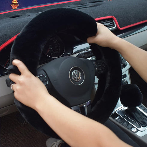 Dotesy 4 Pcs/Set Fluffy Faux Wool Car Steering Wheel Cover & Furry Auto Center Console Cover & Gear Shift Knob Cover & Handbrake Cover Universal W...