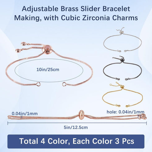 1 Box 12Pcs 4 Colors Slider Bracelet Chain Adjustable Slider Bracelets Bead Ends Chains with Rhinestone Brass Slider Bracelet findings for jewelry...