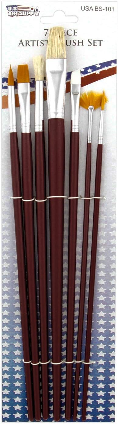 U.S. Art Supply 12-Piece Long Handle Nylon Hair & Bristle Artist Paint Brush Variety Set Red Handle...