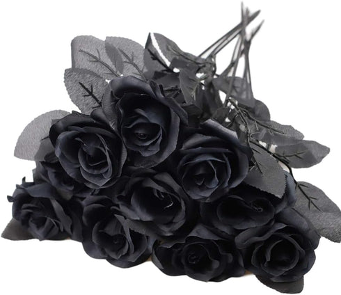 TUZAZO 10pcs Black Roses Artificial Flowers with Stems, Faux Silk Flowers Bridal Gothic Wedding Bouquet, Realistic Blossom Flora for Home, Office,...