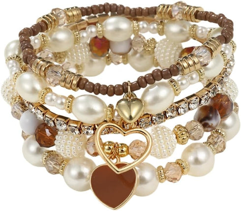 Bohemian Stackable Beaded Bracelets Set for Women Girl Multicolor Stretch Faux Pearl Heart Crystal Stretchy Bangles Multilayered Handmade Friendsh...