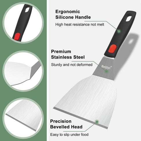 Beijiyi Stainless Steel Spatula Set, Heavy Duty Small Metal Spatula for Cooking Cast Iron Skillet with Silicone Handle - Griddle Grill Kitchen Spa...