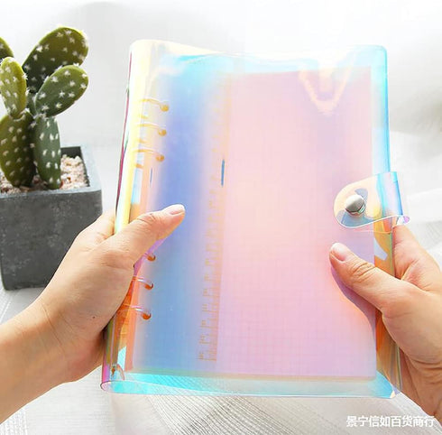 2 Pcs Clear Rainbow 6-Ring PVC Binder Cover Holographic Notebook Protector Shell with Button Closure Loose Leaf Folder Round Ring A5...