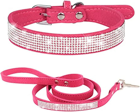 Female Dog Collar and Leash Set,Cute Rhinestone Dazzling Sparkling Soft Pretty Bling Crystal Diamond Pet Puppy Collars for XXS XS Small Medium Lar...
