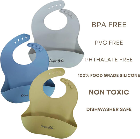 Set of 3 silicone baby bibs | Waterproof, easy to clean, BPA free, soft and adjustable | Nice combination of beige, grey and ochre colors...
