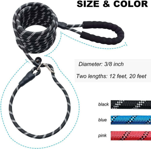 12FT / 20FT Anti-Choke Long Training Lead, 3/8" Thick Slip Lead Rope Leash with Comfortable Handle, Reflective Nylon No Pull Leash for Medium Larg...