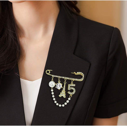 Vintage Crown Number 5 Lapel Pins and Brooches for Women Rhinestone Jewelry with Simulated Pearl...