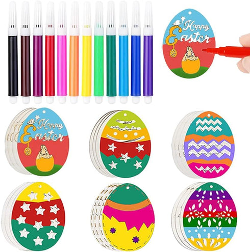 HERZWILD 30Pcs Easter Unfinished Wood Slices Eggs Easter Wooden Eggs Hanging Pendants Decorations Easter Crafts Kits Easter Egg Shape Cutouts Pend...