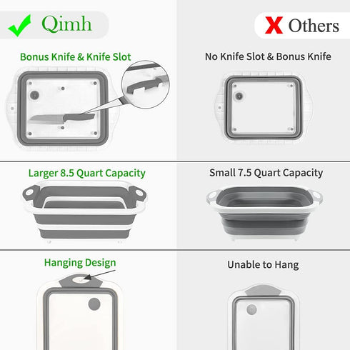 QiMH Collapsible Cutting Board - Foldable Multi-function Dish Tub - Washing and Draining Veggies Fruits Food Grade Sink Storage Basket(8.5 Quart) ...