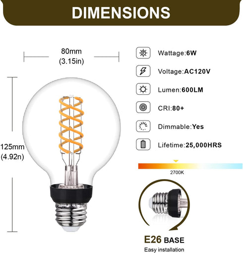 G80(G25) LED Edison Bulbs 60 Watt Equivalent, High Brightness Warm White 2700K Clear Glass Globe Light Bulb, Dimmable Antique LED Filament Bulbs, ...