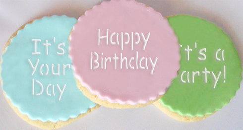 Designer Stencils It's a Party Cookie Stencil Set, (HAPPY BIRTHDAY - CONGRATS - IT'S A PARTY - MAKE A WISH - CELEBRATE), Beige/semi-transparent...