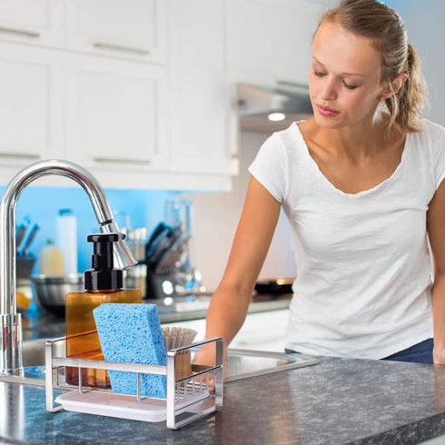 HULISEN Kitchen Sink Sponge Holder, 304 Stainless Steel Kitchen Soap Dispenser Caddy Organizer, Countertop Soap Dish Rack Drainer with Removable D...