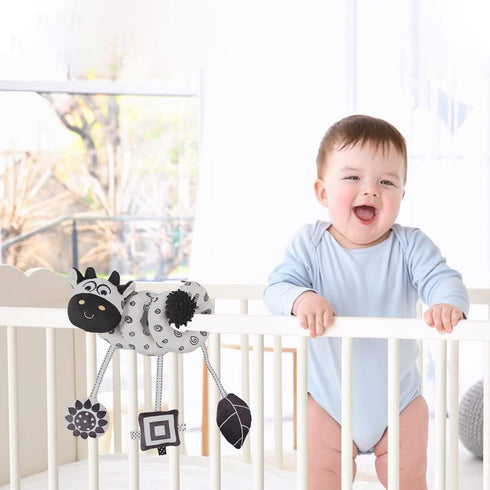 Baby Hanging Stroller Toy, Animal Spiral Plush Circle Activity Car Seat Travel Toys, Black and White Squeak Early Educational Toy for Newborn Boys...