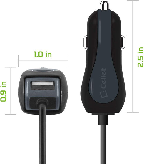 Cellet Micro-USB Car Charger, Coiled and Extra USB Port Car charger, Built-in Coiled 4ft long Micro USB Cable. (Fast Charging 2.4 Amp)...