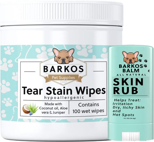 Tear Stain Wipes + Skin Balm For Dogs | Bulldog, French Bulldog, Pug, English Bulldog | Cleans & Soothes Tear Stains, Wrinkles, Folds, Tail Pocket...