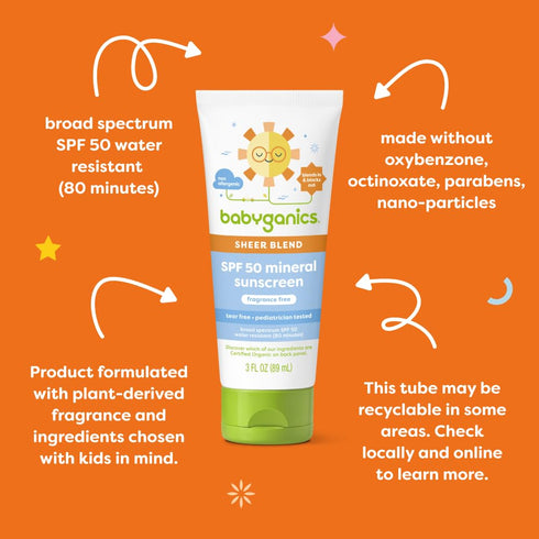 Babyganics SPF 50 Mineral Sunscreen Lotion, Sheer Blend, UVA UVB Protection, Octinoxate & Oxybenzone Free, Water Resistant, Fragrance Free, 8 oz...