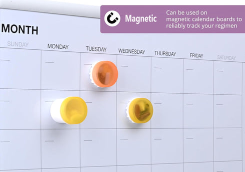 Portable Pill Box, Small Daily Pill and Vitamin 3 Containers, Attachable Case to Magnetic Calendar or Any Magnetic Surface, for Travel or Home Use...