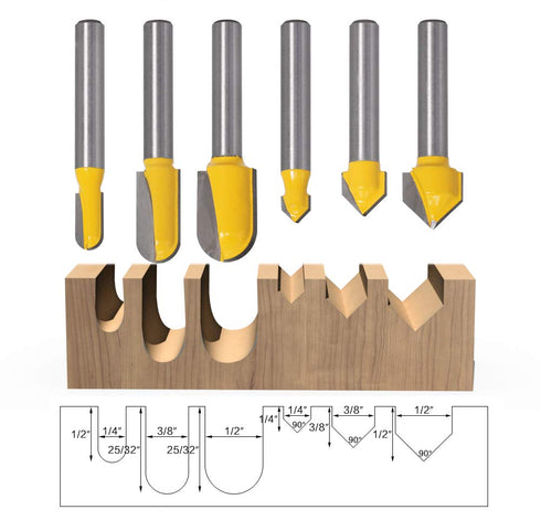 Yakamoz 6Pcs 1/4" Shank Carbide 90 Degree V-Groove and Round Nose Groove Router Bit Set 3D CNC Signmaking Lettering Engraving Cutter Woodworking C...