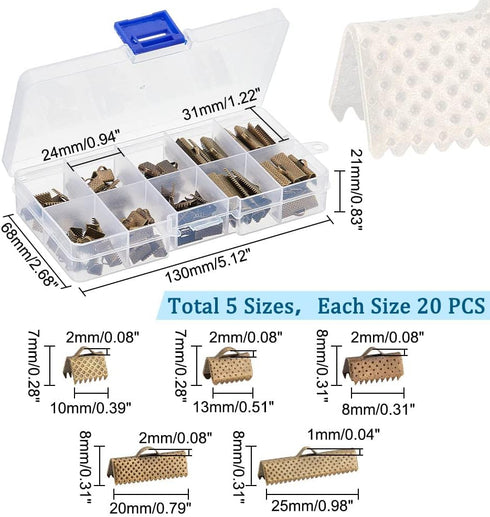 PH PandaHall 100Pcs Assorted Sizes of Antique Bronze Ribbon Clamp End Crimps Bracelet Bookmark Leather Pinch Crimps Sets Size 8-25x6-8x5mm in Box ...