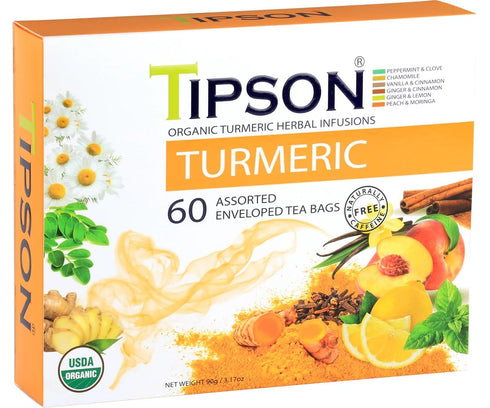 Tipson Organic Turmeric Variety Sampler - 6 Flavors (60 Tea Bags), Herbal Tea Infusions - USDA Organic, Non GMO, and Gluten Free...