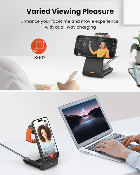 Wireless Charger for Magsafe iPhone Stand: GEEKERA Foldable Magnetic 3 in 1 Charging Station Dock for Apple Watch Ultra/SE/9/8/7/6/5/4/3/2, iPhone...