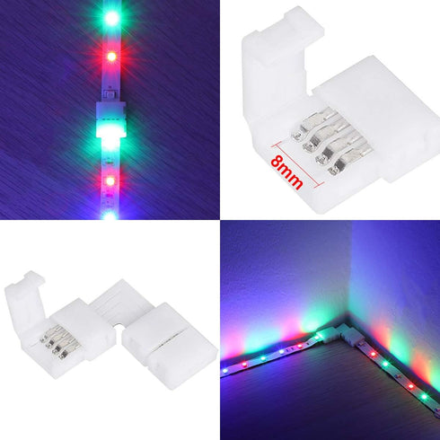 SUPERNIGHT 3528 2835 4 Pin 8mm LED Strip Connector, RGB Rope Lights Connector Kit, Gapless Solderless Clip, 32.8ft Extension Wire Cable, L Shape P...