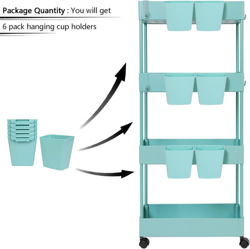 6 Pack Hanging Cup Holders for Rolling Carts, Teal, 2.4in x 3.5in x 4.5in...