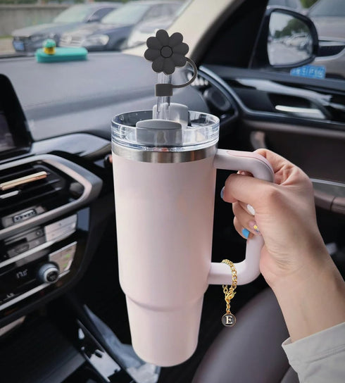 Stanley Cup Accessories, 1pc Flower Stanley Straw Cover Silicone Straw Topper for Stanley 30&40 oz Tumbler with Handle and 1pc Initial Letter Char...