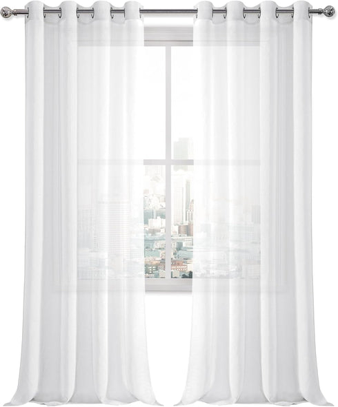DWCN White Sheer Curtains, Faux Linen Look Grommet Window Semi Sheer Curtains Drapes for Bedroom Living Room Set of 2 Panels, 52 x 90 Inch Long...
