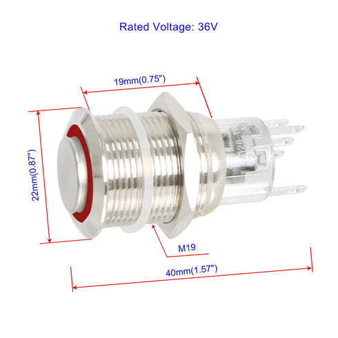 Latching Push Button Switch 36V Waterproof Stainless Steel Metal 3/4" Mounting Hole Red LED SPST Switch for Electrical Equipment, 2 Pcs, High Roun...