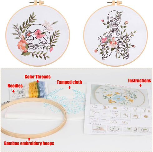 YANGSHINE 2 Sets Human Anatomy Embroidery Kit for Beginners,Flower with Skull Patterns Cross Stitch Kits,Including Embroidery Hoops, Fabric,Color ...