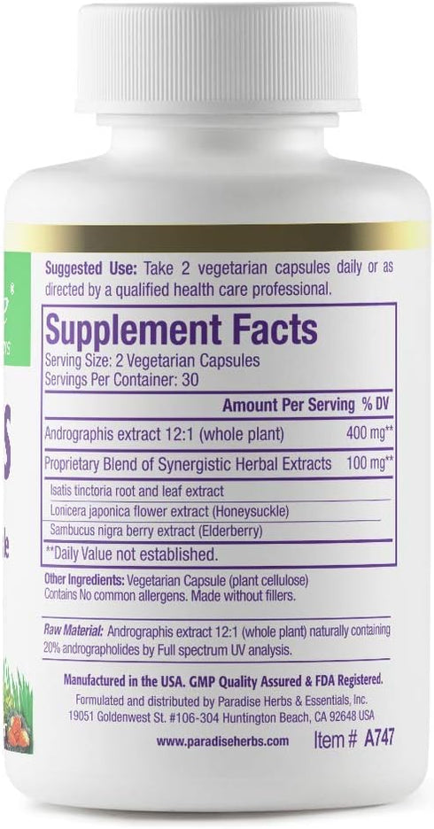 Paradise Herbs Andrographis, Elderberry, Isatis, Honeysuckle, Super Potent, Ultra Pure, Vegan, Non GMO, Gluten Free, 60 Vegetarian Capsules...