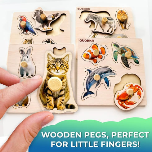QUOKKA Wooden Puzzles for Toddlers 1-3 – 4 Set Pegged Puzzles for Kids Ages 2-4 – Animal and Birds Learning Toy for Kids – Gift Realistic Educatio...
