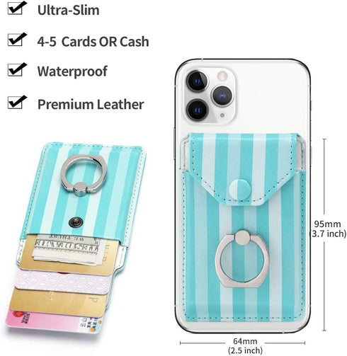 Cell Phone Card Holder RFID Ring Stand Stick on Wallet Card Holder for Back of Phone for iPhone Android and All Smartphones Green Striped...
