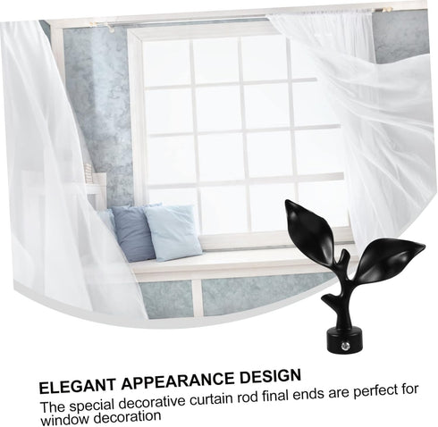 Pair of Decorative Iron Leaf Head Curtain Rod Finials - Matte Black Drapery Rod Ends - Home Bedroom Window Decor - Single Shot Curtain Pole End Ca...