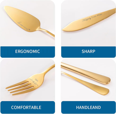 Wedding Cake Knife and Server Set, Cake Cutting Set for Wedding, Mr and Mrs Forks Cake Cutter Set for Wedding Anniversary Bridal Shower Gifts (Gol...