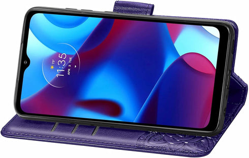 HAOTP for Motorola Moto G Pure Wallet Case,PU Leather Flip Protective Phone Case Wrist Strap Card Slots Holder Pocket Emboss Butterfly Flower Stan...