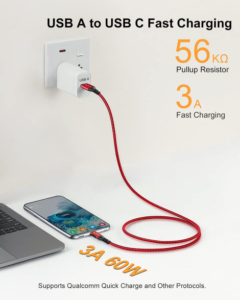 USB A to USB C Cable 3.3ft+10ft (Red), 10Gbps Data Transfer and 60W 3A Fast Charging Cable, USB C 3.1/3.2 Cable for Samsung Galaxy S22 S21 S20 S10...