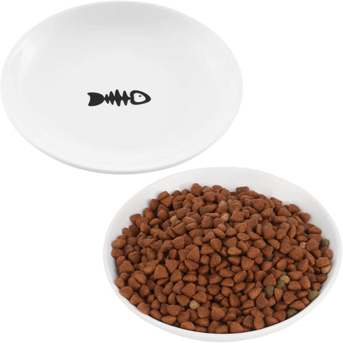 2 Pcs Cat Bowls, Wide & Shallow Cat Plates for Whiskey Fatigue Relief, 15cm/6’' Ceramic Cat Feeding Dishes Cute Fish Bone Design, Wet & Dry Food F...